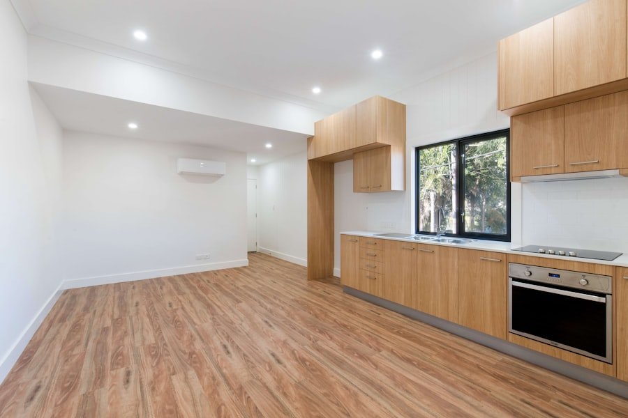 Wood flooring laid in a minimal interior
